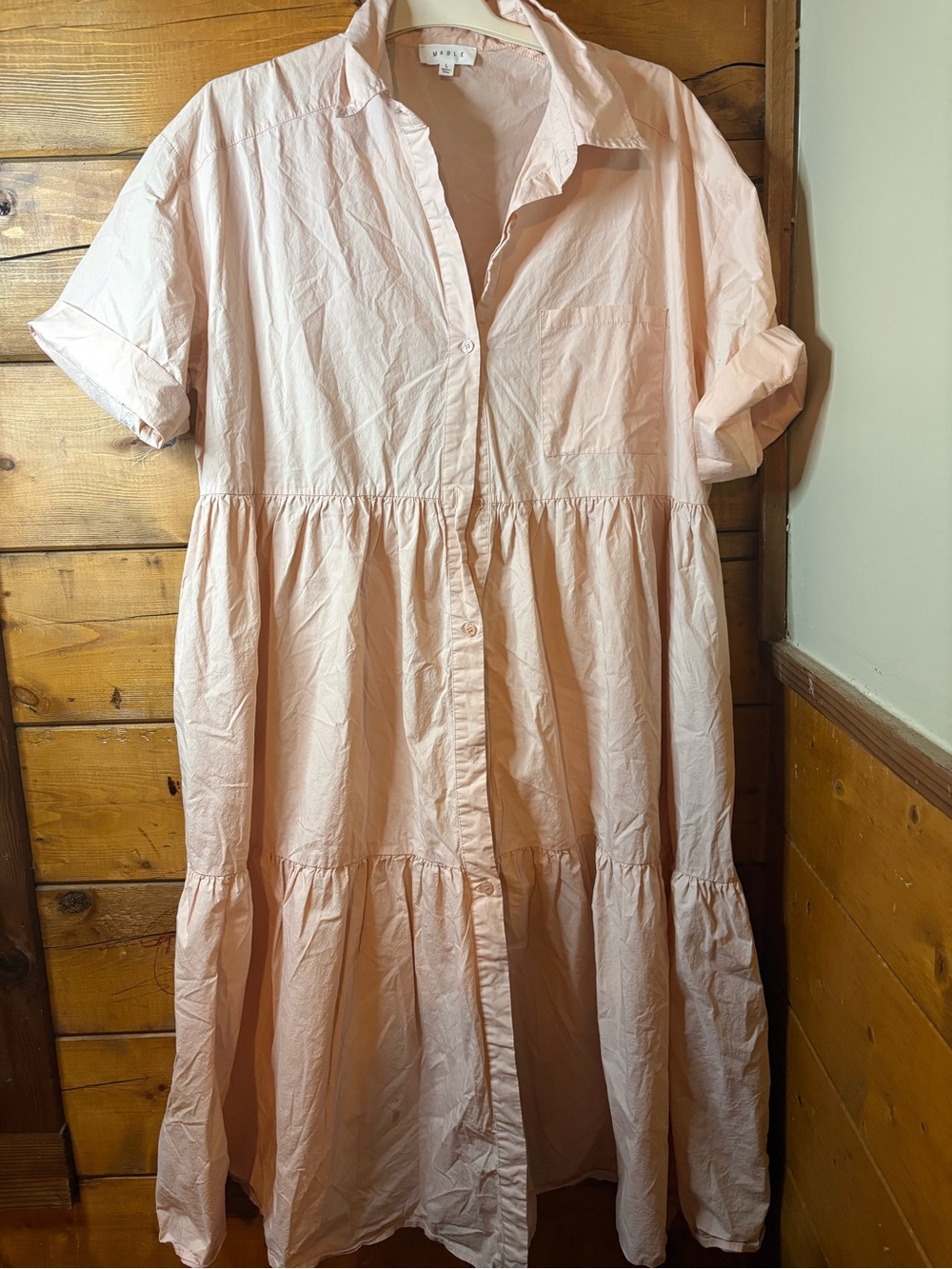 Mable Button-Front Tiered Midi Dress in Light Blush size large